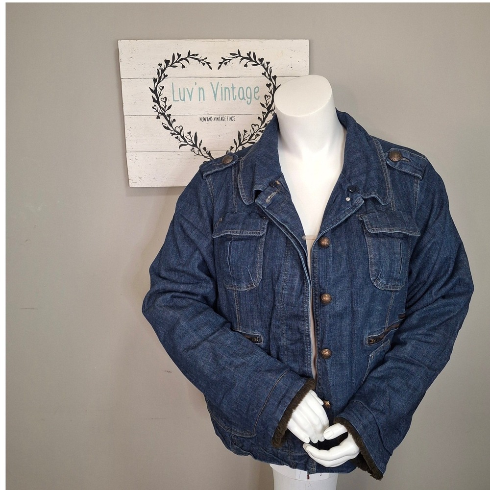 Womens Denim Jacket Utility Pockets Zipper Accents Button Front Size 30 32‎